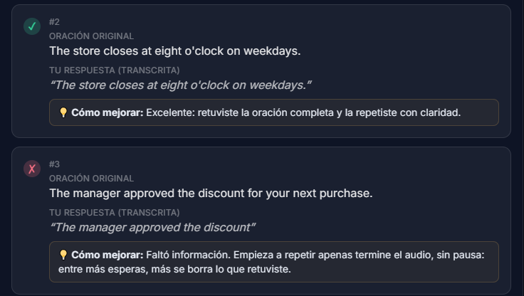 Captura del simulador Versant con el feedback